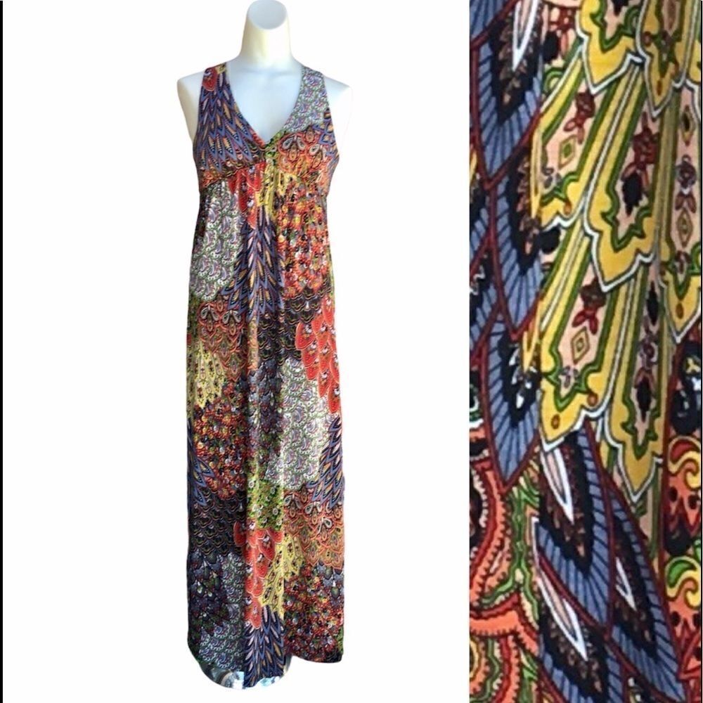Silvergate Paisley Feather Halter Top Twist Back Maxi Dress